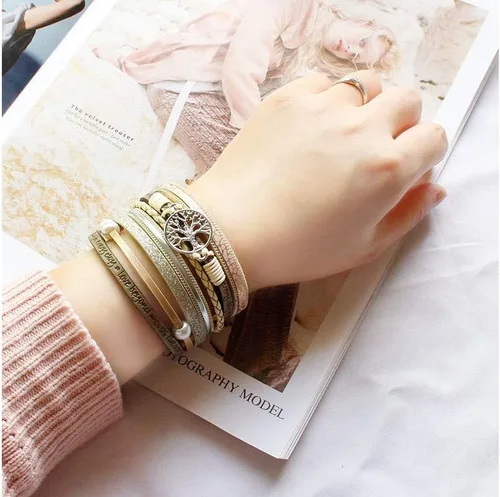 Vista 5 de Fesciory - Pulseras de cuero para mujer, cuentas de cristal, diseño de leopardo, estilo bohemio, múltiples niveles