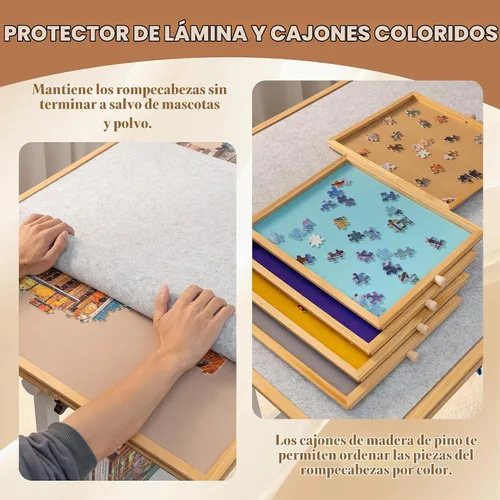 Vista 5 de Tektalk Mesa de rompecabezas con ajuste de ángulo y altura, caballete de rompecabezas con cubierta y 5 cajones de clasificación, tabla inclinable