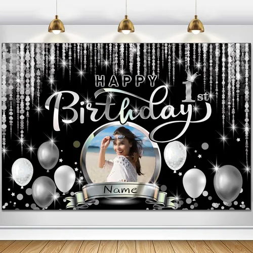 Vista 52 de Cartel de decoración de feliz cumpleaños número 100 personalizado - Personalización disponible - Negro y plateado - Tamaño grande - Admite fotos