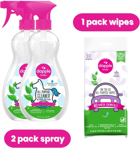 Vista 2 de Dapple Spray de limpieza multiusos para bebés y toallitas multiusos (paquete de 2) botella de 16.9 onzas líquidas, 30 toallitas de limpieza