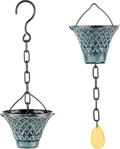 Vista 2 de Cadenas de lluvia para canaletas exteriores, atrapadores de lluvia, desviador de metal azul a cuadros decorativos para exteriores, 8.5 pies
