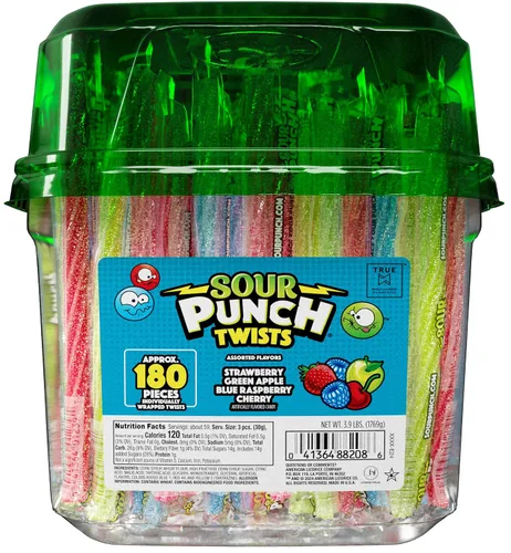 Vista 2 de Sour Punch Twists, Sour Candy - Caramelo masticable envuelto individualmente de 3 pulgadas, 4 sabores frutales surtidos