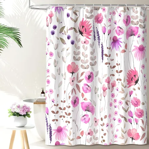 Vista 12 de QiyI Cortina de ducha floral de acuarela, cortina de baño de primavera con estampado de flores, decoración del hogar, lavable a máquina, cortina