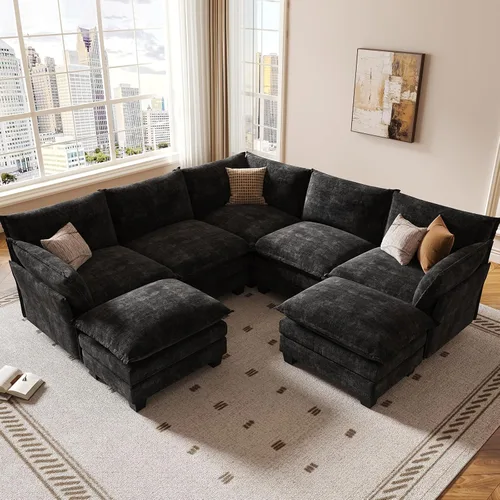 Vista 19 de KKL Sofá Cama Seccional Modular, Sofá Cama Convertible Seccional en Forma de L de 4 Plazas con Otomana, Sofá Nube de Chenilla Seccional para Sala