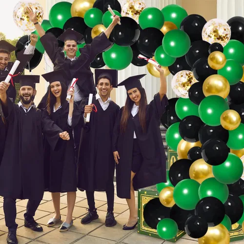 Vista 6 de Arco de guirnalda de globos de color verde oscuro, negro y dorado, globos verde esmeralda, globos de confeti dorado metálico, globos de fútbol