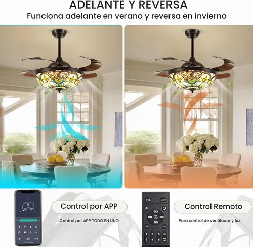 Vista 4 de Ventiladores de techo Tiffany de 42" con luces, ventilador de techo de vidrio manchado, ventilador de techo retráctil con candelabro y control