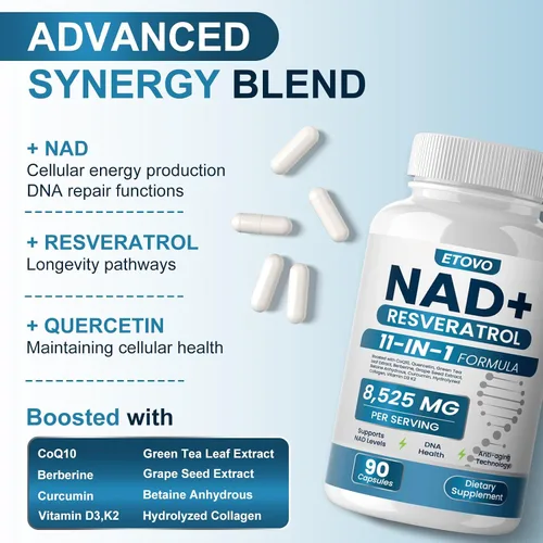 Vista 3 de Suplemento NAD+, 8525mg Refuerzo NAD Liposomal con Resveratrol NAD Plus con Coptisina, Quercetina, Curcumina, Apoya la Salud Celular, Fuerza Física