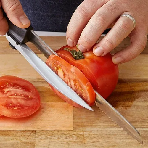 Vista 2 de Cuchillo de corte de precisión (diestro) - Hoja dentada de acero inoxidable de 8 y 1/4 pulgadas con guía de corte para rebanadas exactas de hasta