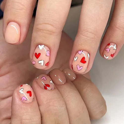 Vista 19 de Uñas postizas a presión para San Valentín, uñas postizas cortas cuadradas MABKJLF nude con diseños de labios, cobertura completa, pegamento