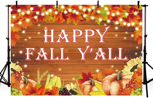 Vista 2 de MEHOFOND Cartel de fondo con texto en inglés "Happy Fall Y'all" de 7 x 5 pies, para otoño, cosecha de calabaza, fiesta de Acción de Gracias