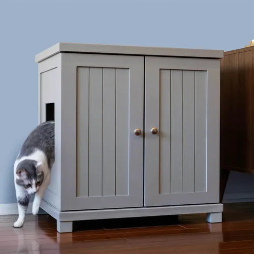 Vista 9 de THE REFINED FELINE Armario de caja de arena para gatos, cabaña, gris humo, pies de mediados de siglo, grande, muebles de arena oculta para gatos