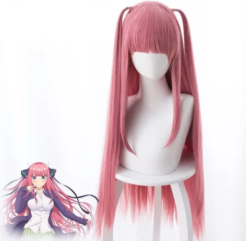 Vista 2 de Cosplay Wig Anime Cosplay Wig, The Quintessential Quintuplets Wig, Nakano Nino Wig, Pink With Bangs Long Straight Hair with Free Wig Cap, for
