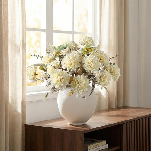 Vista 4 de 10 cabezas de flores artificiales para mamás, para jarrón, crisantemo grande de seda sintética con tallos, ramo falso para decoración del hogar Beige