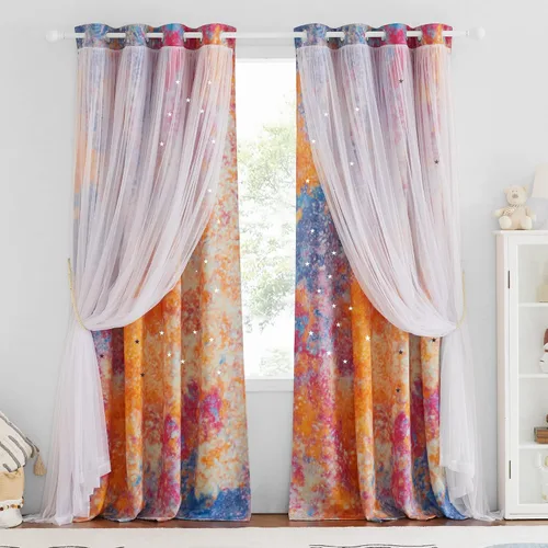 Vista 11 de NICETOWN Cortinas para Dormitorio de Niñas Infantiles con Estrellas Caladas Ventana 2 Capas Cortina 63 Pulgadas de Longitud Oscurecimiento