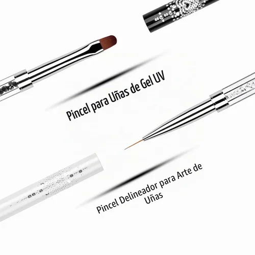Vista 5 de Juego de 2 cepillos de diseño de uñas de doble extremo con mango de diamantes de imitación, juego de cepillos de uñas de gel UV, herramientas