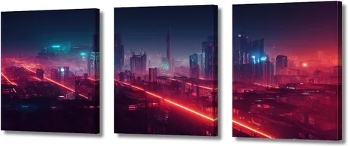 Vista 36 de Cuadros de 3 paneles de Cyberpunk City - Arte de pared de vallas publicitarias de edificios modernos en la capital con obras de arte modernas