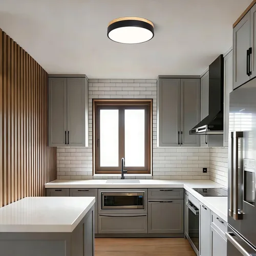 Vista 8 de Moderna lámpara de techo de madera regulable, lámpara de techo redonda negra LED empotrada, lámpara de techo minimalista para cocina, dormitorio