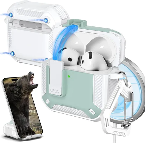 Vista 109 de R-fun Funda de carga compatible con AirPods de 2ª generación 2019, 1ª generación 2016, protección completa contra caídas, tapa desplegable