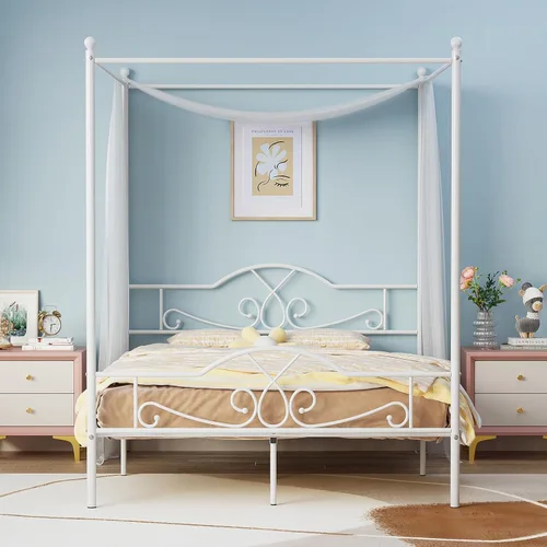 Vista 12 de Weehom - Estructura de cama con dosel individual, con cabecero y pie de cama, cortinas de cuatro postes de metal, diseño de plataforma de cama