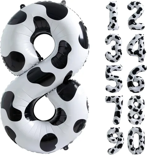 Vista 15 de Suministros de decoración de cumpleaños de globos con estampado de vaca, globo número 0 de 40 pulgadas, decoraciones de fiesta de cumpleaños