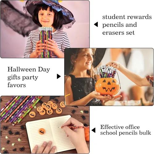 Vista 5 de Zuazaor 24 lápices de Halloween con borradores a granel para suministros escolares de oficina, juego de lápices de madera para Halloween, Navidad