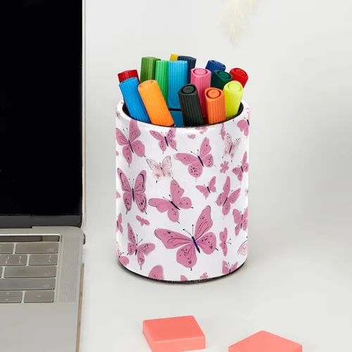 Vista 5 de Taza de PVC para escritorio, taza de lápiz rosa con mariposas para organizador de bolígrafos de escritorio, soporte para brochas de maquillaje