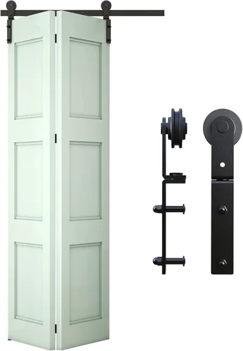 Vista 9 de CCJH Kit de riel deslizante para puerta de granero biplegable de 3.3 pies/39 pulgadas para 2 puertas, acero al carbono resistente