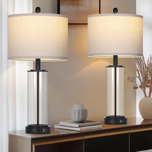 Vista 5 de Juego de 2 lámparas de mesa de cristal negro de 26 pulgadas, lámpara de sala de estar con control táctil regulable de 3 vías con puertos USB C+A