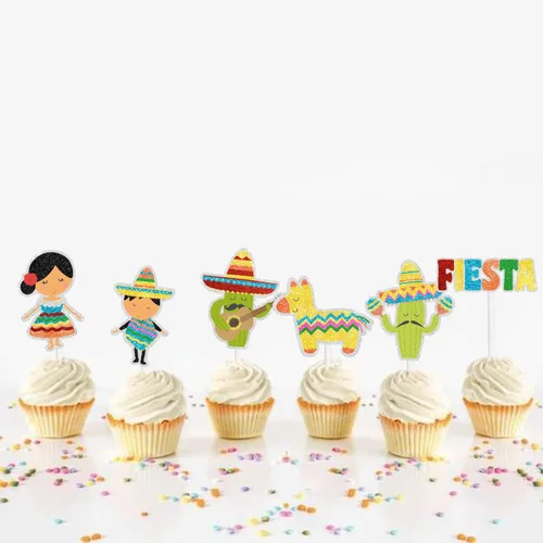 Vista 4 de Juego de 18 adornos para cupcakes de fiesta mexicana, perfecto para fiestas temáticas de cumpleaños, baby shower para niños o niñas