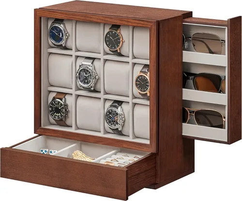 Vista 11 de SONGMICS Caja de reloj, vitrina vertical de 6 ranuras, chapa de madera Marrón café