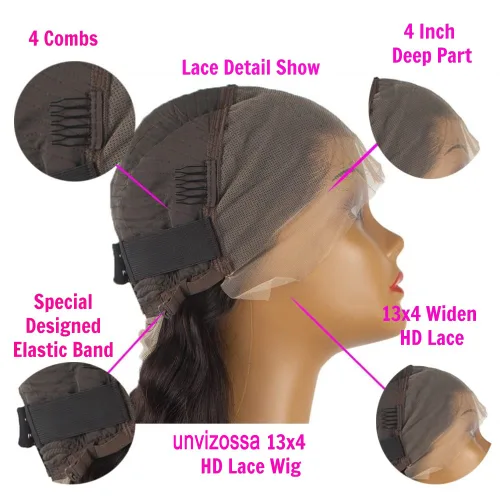 Vista 4 de Peluca de cabello humano brasileño lacio con encaje frontal de 13 x 4 pulgadas, transparente HD, prearrancada con abuelitos (26 pulgadas)