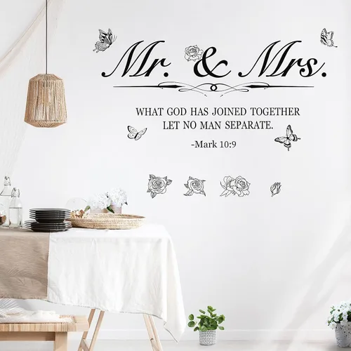 Vista 5 de Calcomanías de pared de Mr. and Mrs. Peel and Stick, refranes de boda, calcomanías de letras artísticas, decoración romántica de aniversario