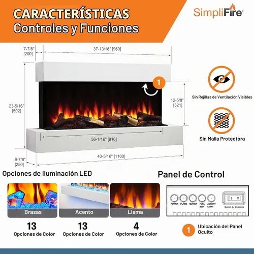 Vista 5 de SimpliFire Format Chimenea eléctrica de montaje en pared de 36 pulgadas con repisa flotante de 43 pulgadas (SF-FORMAT36-SF-FM43-WH)