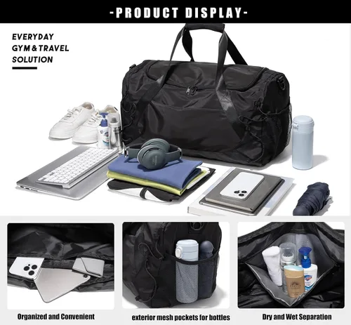 Vista 3 de Bolsa de gimnasio para mujeres y hombres, bolsa de lona para viajes con compartimento para zapatos y bolsillo húmedo, bolsa pequeña de mano