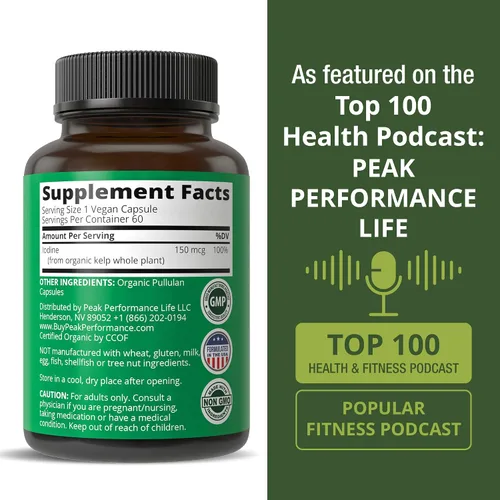 Vista 6 de Suplemento de yodo de alimentos integrales crudos de algas orgánicas (Ascophyllum Nodosum) de Peak Performance. Tabletas de apoyo de yoduro