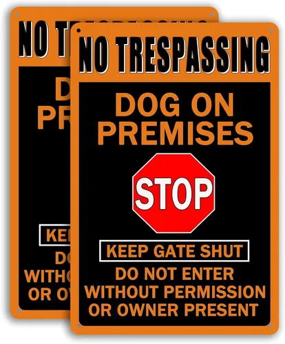 Vista 9 de Letreros de metal con texto en inglés "Beware Of Dog" para valla (paquete de 2) letreros de metal para decoración de perros, advertencia de jardín