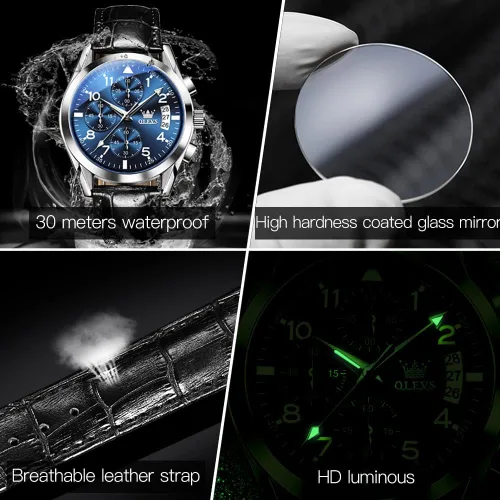 Vista 4 de OLEVS Relojes de hombre de cuero marrón con fecha, relojes casuales para hombre, relojes de cara grande para hombre, cronógrafo para hombre, reloj
