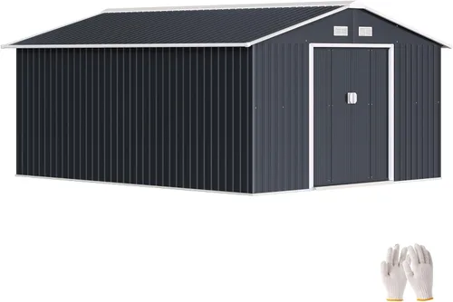 Vista 24 de Outsunny Cobertizo de almacenamiento exterior de 11' x 13', cobertizo de metal para herramientas de jardín con kit de cimentación, puerta con doble