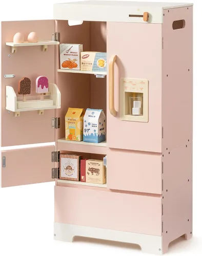 Vista 10 de ROBOTIME Refrigerador de madera para niños, refrigerador de cocina de juguete para niños pequeños, refrigerador de juguete con máquina de hielo