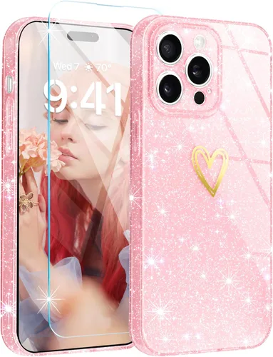 Vista 9 de Funda para iPhone 15, purpurina transparente con [1 protector de pantalla de vidrio templado] Funda protectora delgada y suave de silicona