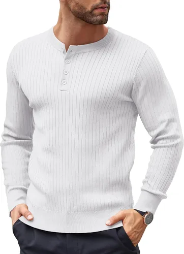 Vista 50 de COOFANDY Suéter de punto Henley para hombre, manga larga, con botones, ligero, para otoño, ajustado, acanalado