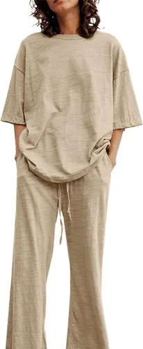 Vista 3 de OPOIPIN Women's Cotton Linen Baggy Round Neck Pajamas Short Sleeve Top with Long Pants Sleepwear PJ Set with Pockets