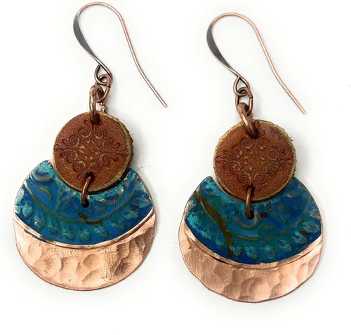 Vista 2 de Boho Leather Stamped Scroll & Turquoise Rust Hammered Copper Earrings