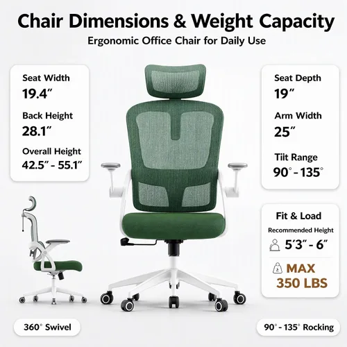 Vista 3 de Ergonomic Mesh Office Chair, 350LB Heavy Duty High Back Desk Chair, Adjustable Headrest, Auto Adaptive Lumbar Support, Memory Foam Cushion, Armrests