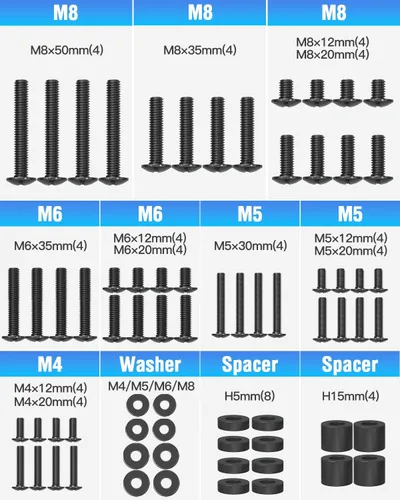 Vista 2 de Kit de herramientas universal ELIVED para montaje de TV con caja, incluye tornillos M4, M5, M6, M8, arandelas, espaciadores, tornillos de repuesto