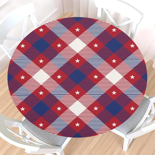 Vista 32 de Mantel redondo ajustable para el 4 de julio con borde elástico, impermeable, lavable, azul, rojo, blanco, estrella, patriótica, independencia, Día