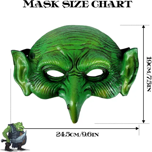 Vista 6 de VZQI Máscara de duende verde, máscara de bruja de Halloween, disfraz de cosplay de zombi aterrador de media cara