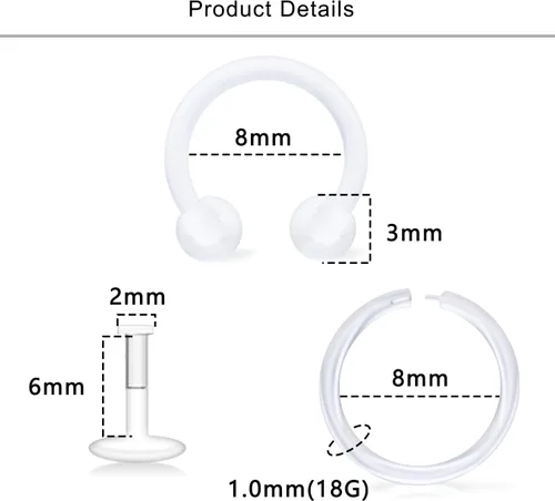 Vista 2 de Lcolyoli Anillos de nariz transparentes de 18 G, retenedores de piercings transparentes para el trabajo, deportes, Bioflex, Medusa, labio, labio