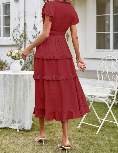 Vista 4 de MEROKEETY Vestido de verano casual para mujer 2023 con cuello en V, manga con volados, cintura alta, volantes y escalonado