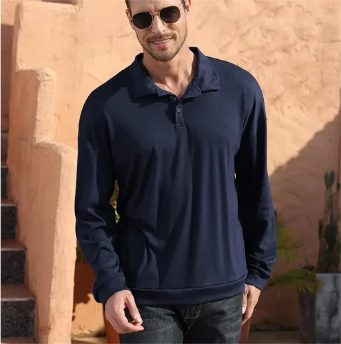 Vista 5 de Opomelo Men's Long Sleeve Solid Polo Shirts -Fashion Casual Golf Shirt Collared T Shirts
